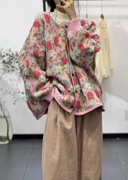 Pink O Neck Button Jacquard Cozy Knit Cardigan Fall