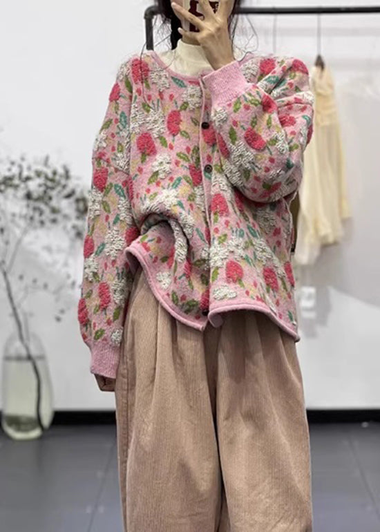 Pink O Neck Button Jacquard Cozy Knit Cardigan Fall