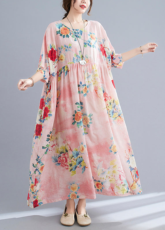 Pink O-neck Cinched Print Beach Dress Short Sleeve