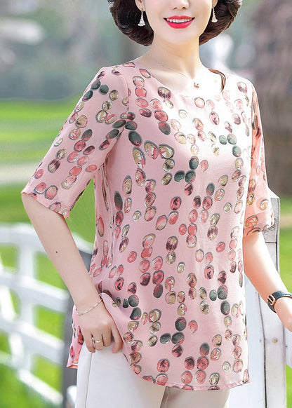 Pink O-neck Dot Print Chiffon Tops Half Sleeve