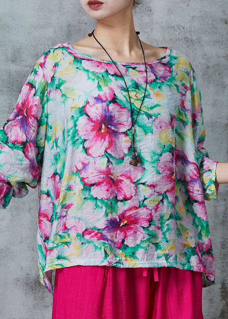 Pink O-neck Print Linen Blouses Summer