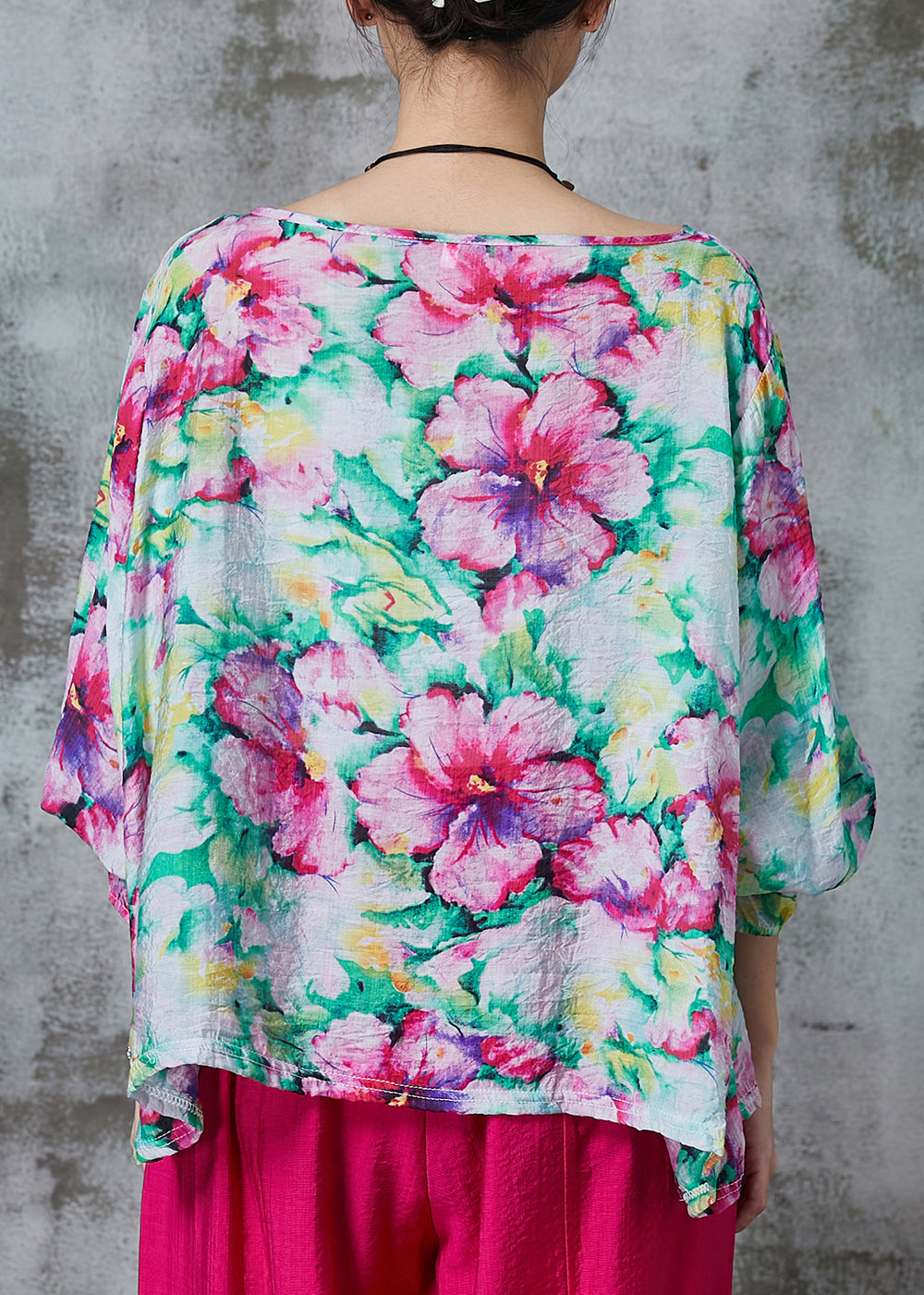 Pink O-neck Print Linen Blouses Summer