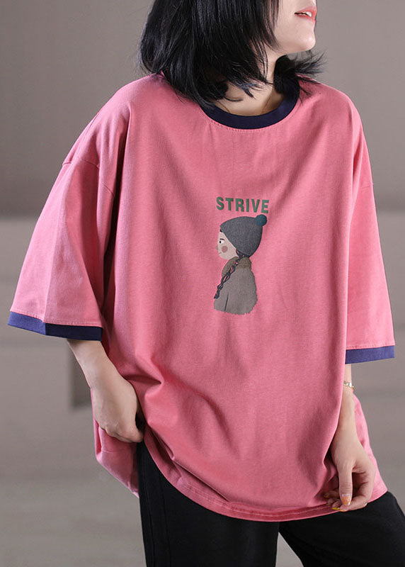 Pink O-neck Patchwork Character Print Cotton Tank Tops Half Sleeve