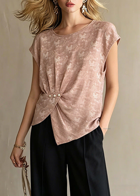 Pink O-neck Print T Shirt Short Sleeve
