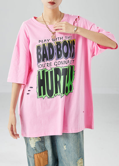 Pink Oversized Print Hollow Out Cotton Top Summer