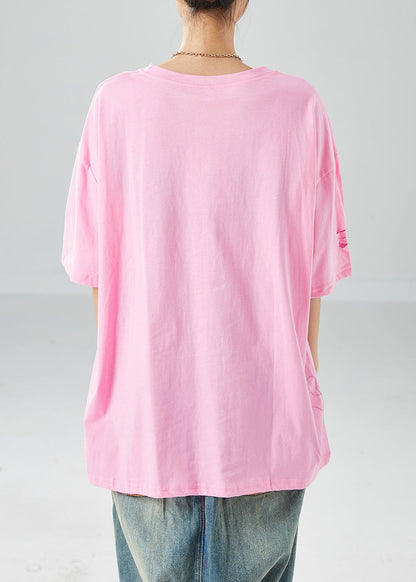 Pink Oversized Print Hollow Out Cotton Top Summer
