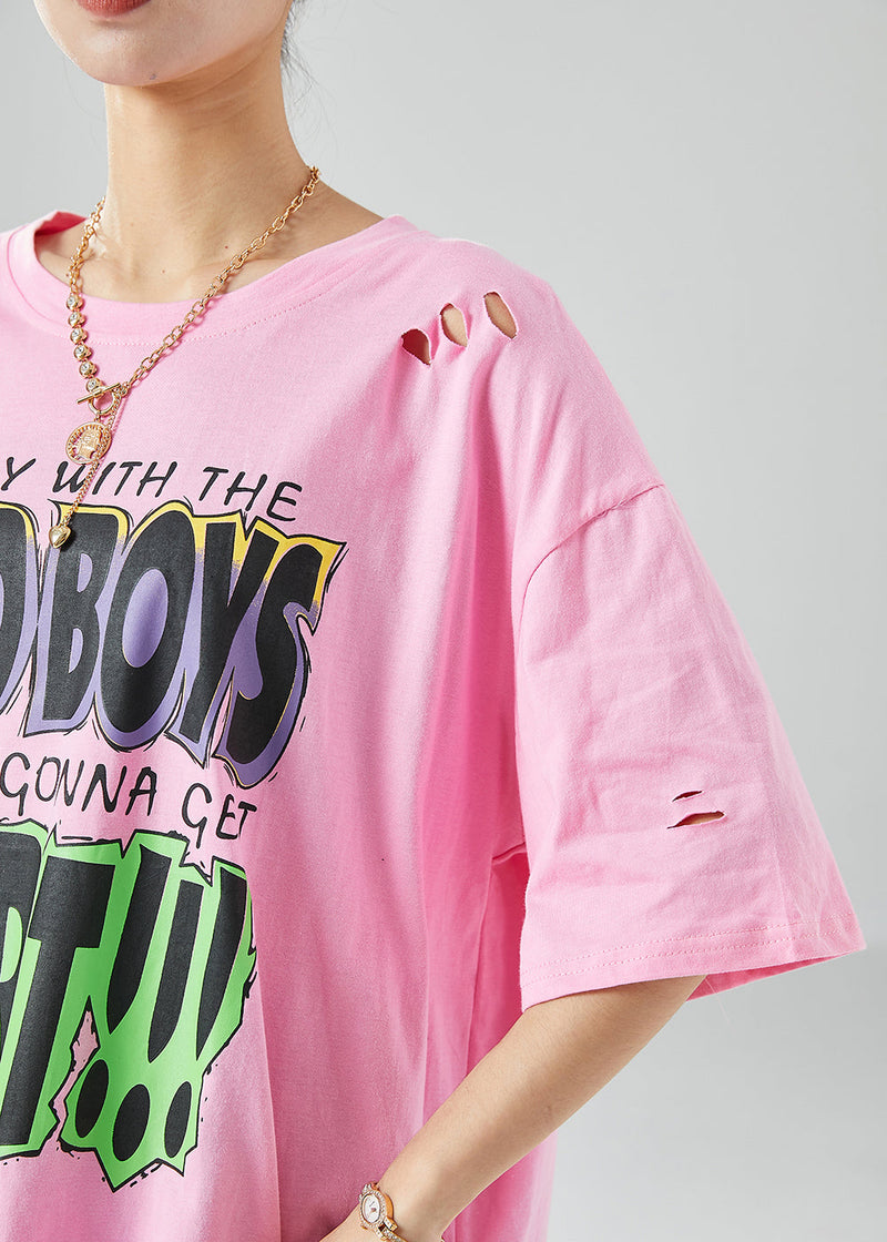 Pink Oversized Print Hollow Out Cotton Top Summer