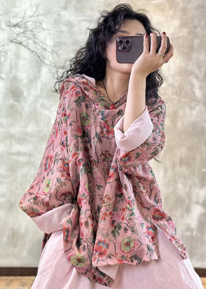 Pink Oversized Print Linen Hooded Pullover Top Spring