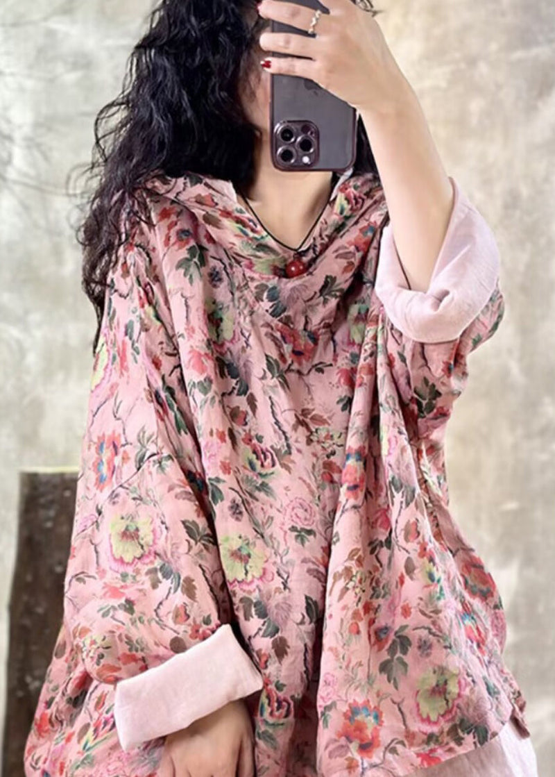 Pink Oversized Print Linen Hooded Pullover Top Spring