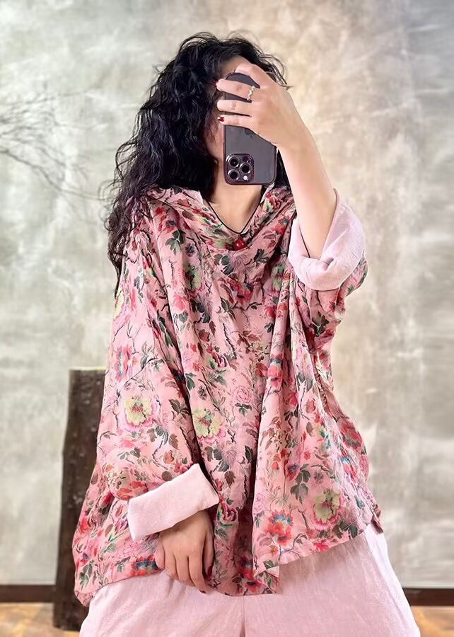 Pink Oversized Print Linen Hooded Pullover Top Spring