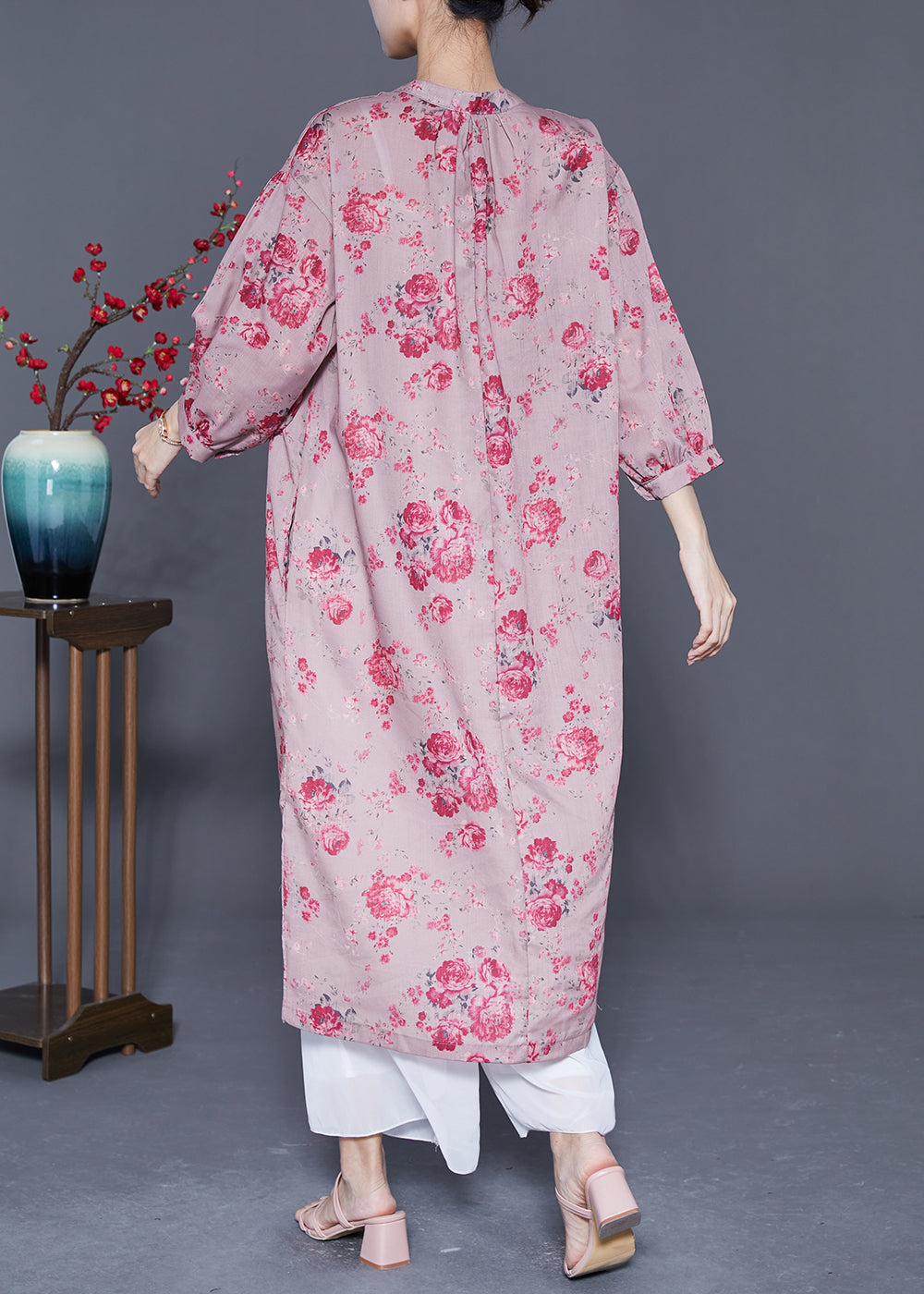 Pink Oversized Print Linen Long Dresses Lantern Sleeve