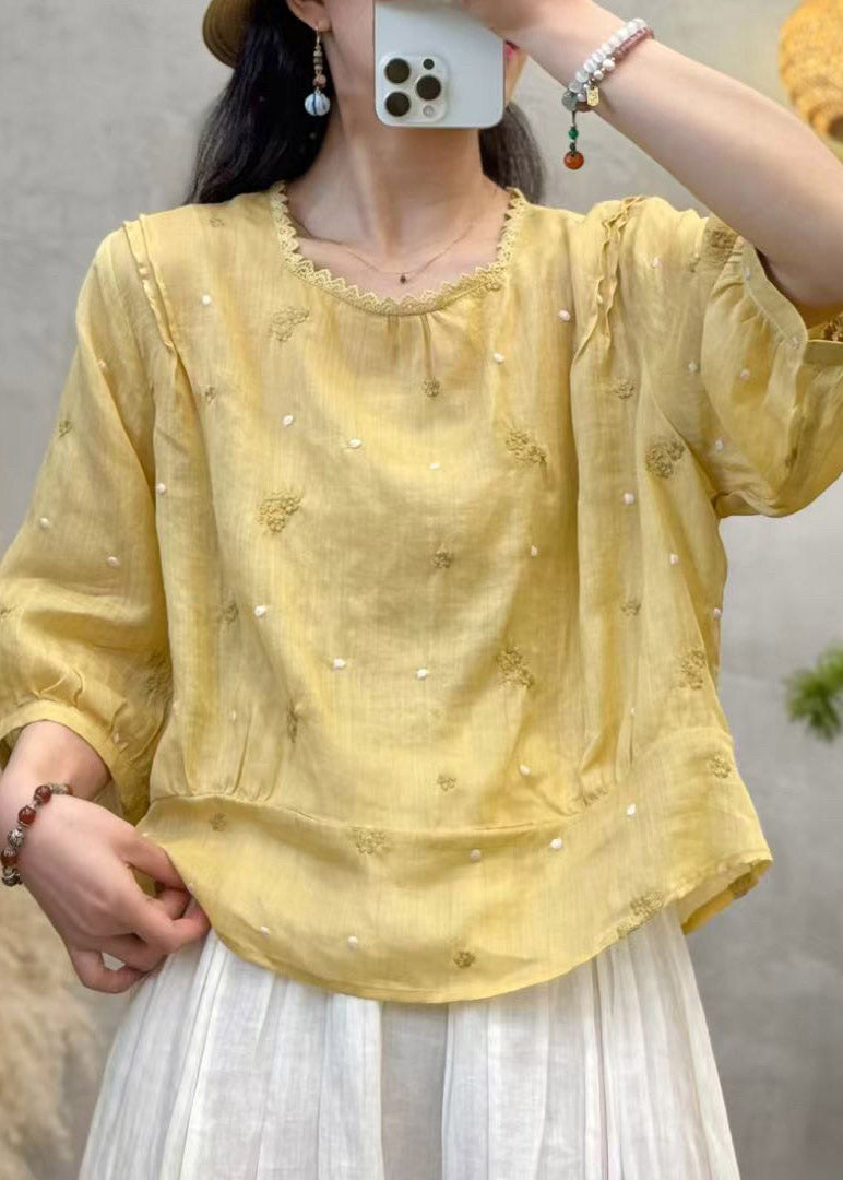 Pink Patchwork Linen Shirts Embroidered Summer