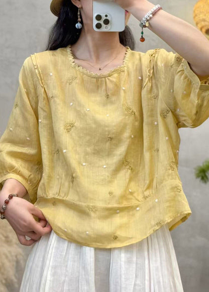 Pink Patchwork Linen Shirts Embroidered Summer