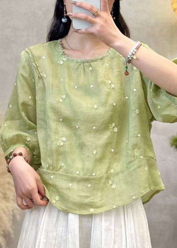 Pink Patchwork Linen Shirts Embroidered Summer