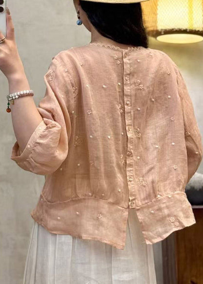 Pink Patchwork Linen Shirts Embroidered Summer