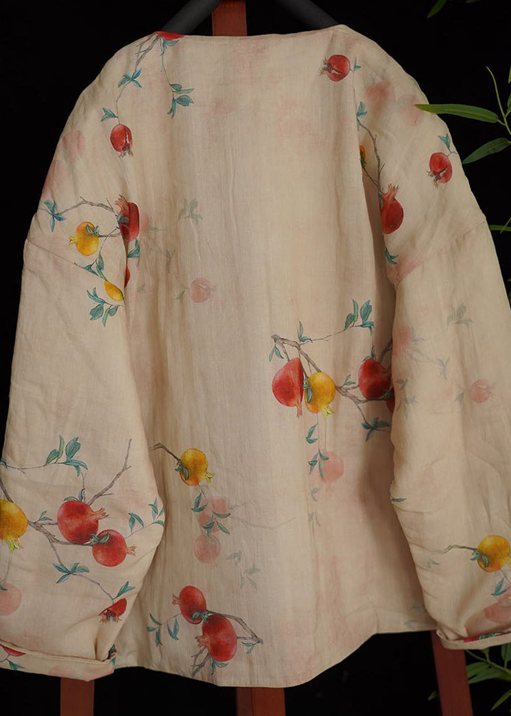 Oriental Beige O-neck Print Fine Cotton Filled Coats