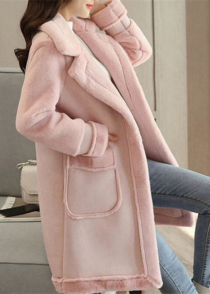 Pink Peter Pan Collar Faux Suede Patchwork Faux Leather Coat Winter
