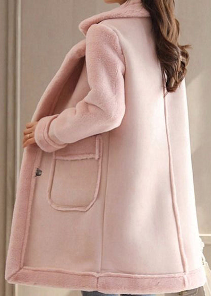 Pink Peter Pan Collar Faux Suede Patchwork Faux Leather Coat Winter