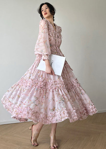 Pink Peter Pan Collar Print Chiffon Dresses Long Sleeve