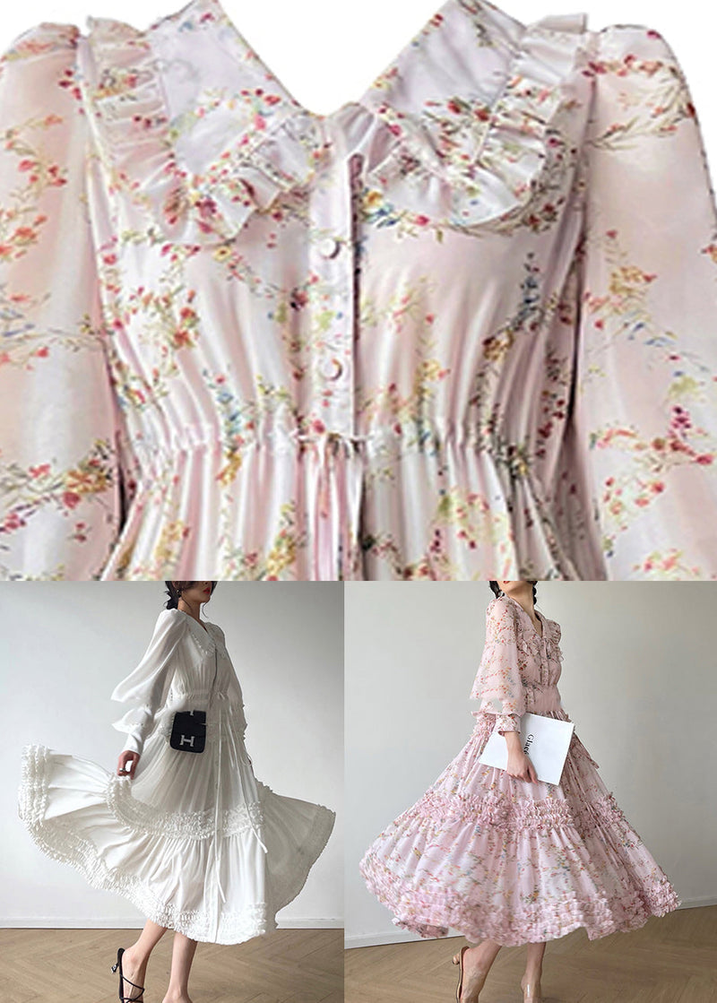 Pink Peter Pan Collar Print Chiffon Dresses Long Sleeve