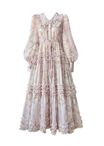 Pink Peter Pan Collar Print Chiffon Dresses Long Sleeve