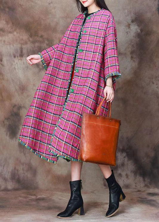 Pink Plaid Button Wool Long Coats Spring