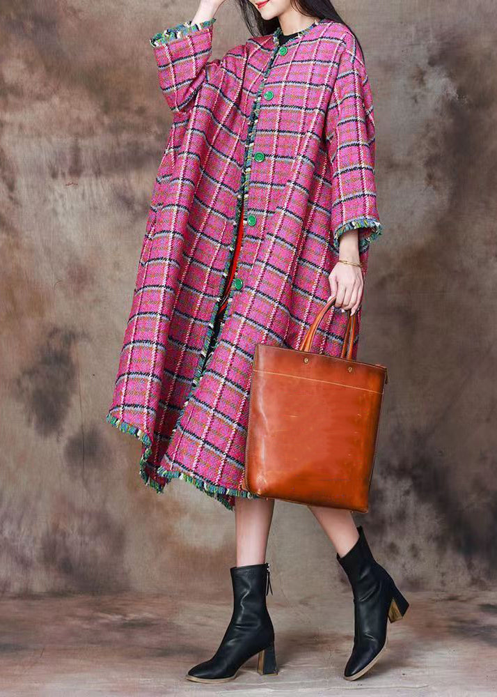 Pink Plaid Button Wool Long Coats Spring