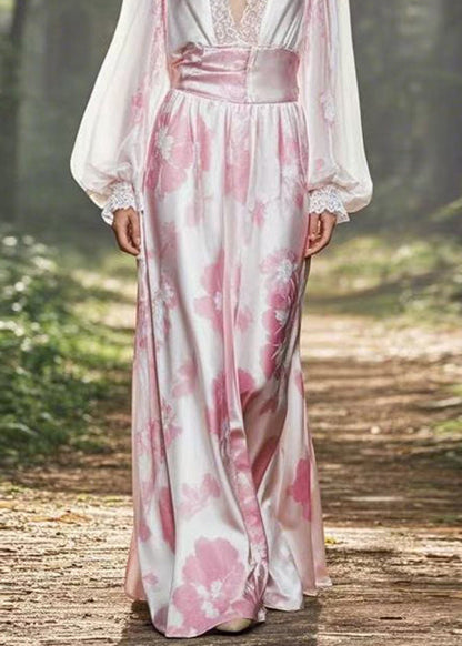 Pink Print High Waist Silk Dress Lantern Sleeve