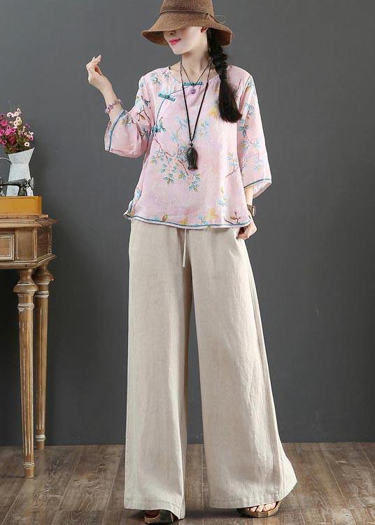 Pink Print Linen Oriental Summer Shirts