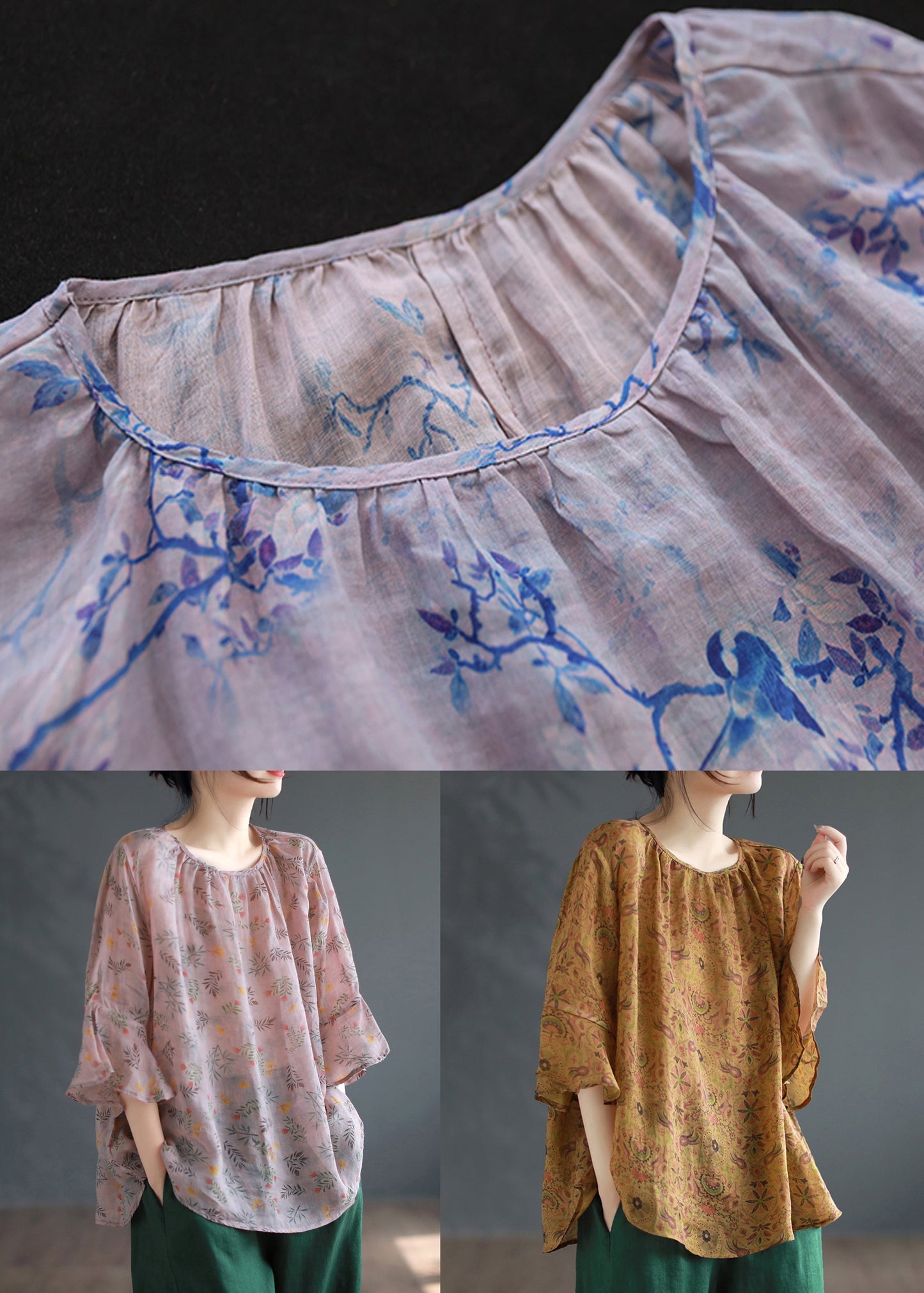 Pink Print Patchwork Linen Shirts Flare Sleeve
