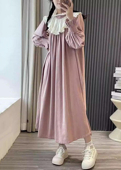 Pink Ruffled Patchwork Cotton Long Dresses Spring