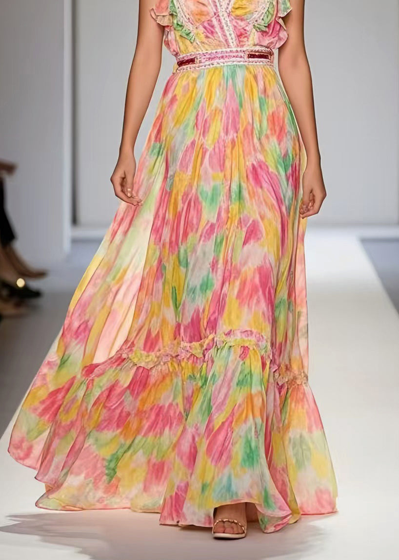 Pink Ruffled Print Exra Large Hem Chiffon Party Dress Sleeveless