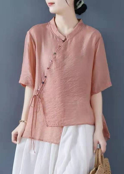 Pink Tie Waist Blouse Tops Half Sleeve