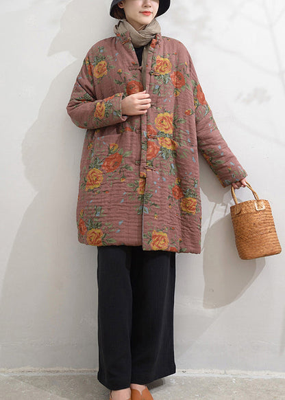 Pink Stand Collar Pockets Print Fine Cotton Filled Coat Winter