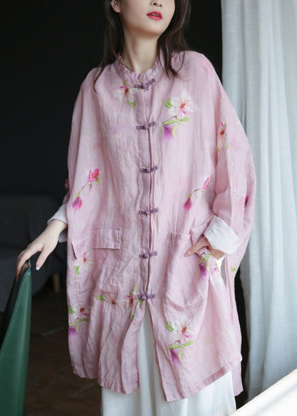 Pink Stand Collar Print Button Ramie Long Coats Spring