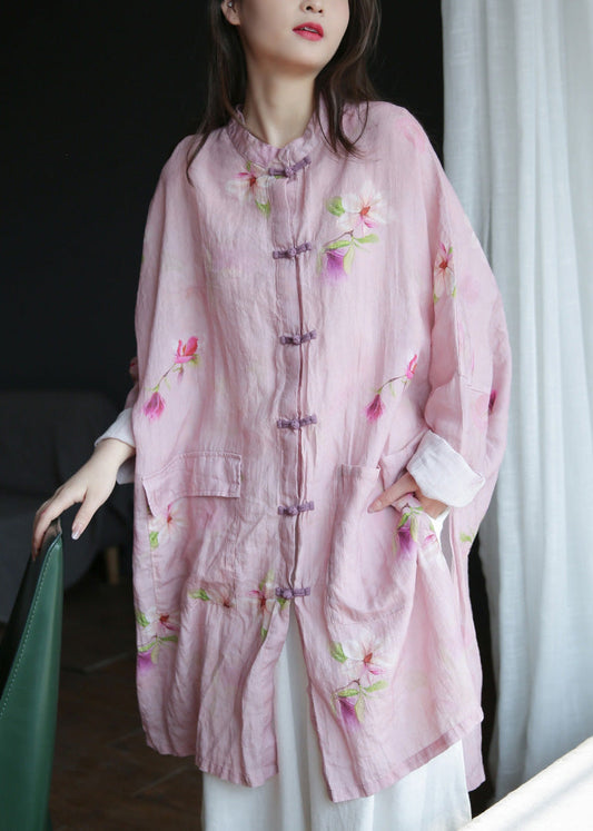 Pink Stand Collar Print Button Ramie Long Coats Spring