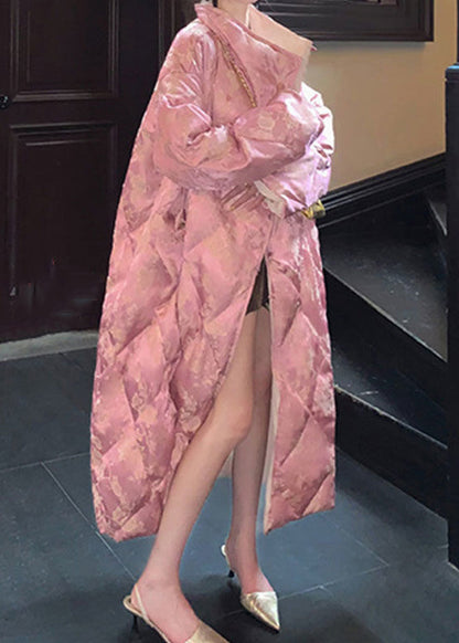 Pink Stand Collar Print Cotton Filled Long Parka Winter