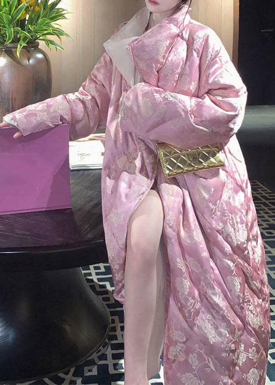Pink Stand Collar Print Cotton Filled Long Parka Winter
