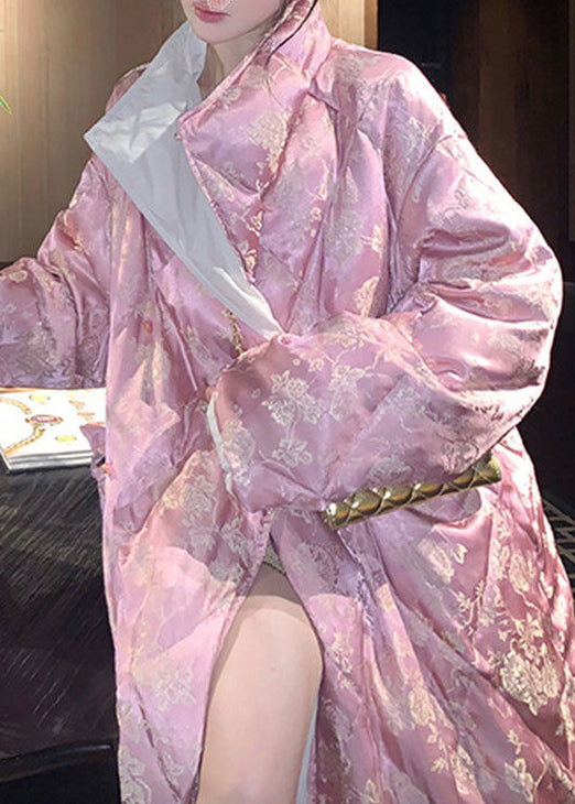 Pink Stand Collar Print Cotton Filled Long Parka Winter