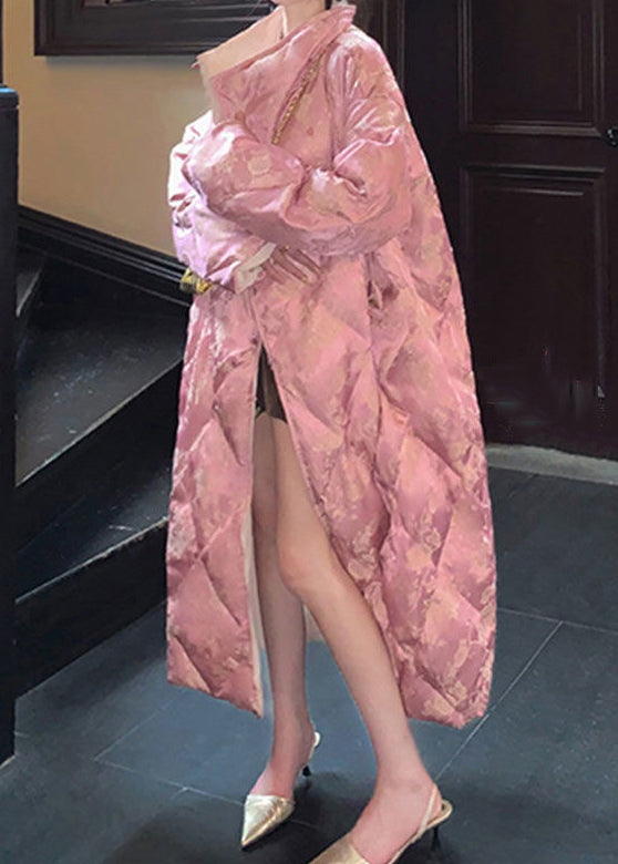 Pink Stand Collar Print Cotton Filled Long Parka Winter