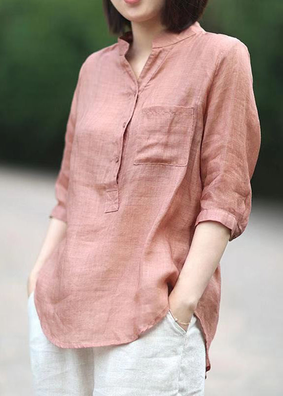 Color Geometrystand Collar Pockets Linen Blouses Top Half Sleeve