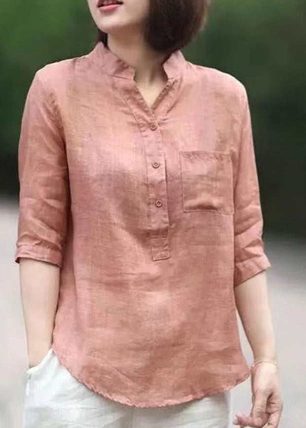 Stand Red Linen Blouses Top Half Sleeve