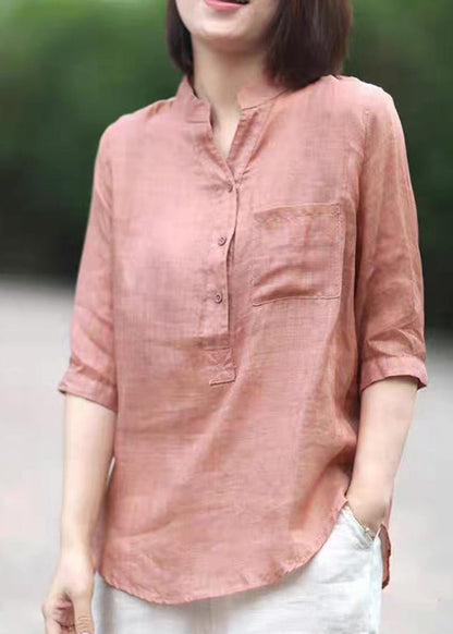 Stand Red Linen Blouses Top Half Sleeve