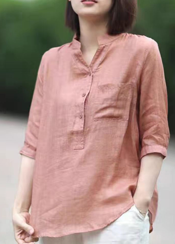 Pink Stand Collar Pockets Linen Blouses Top Half Sleeve