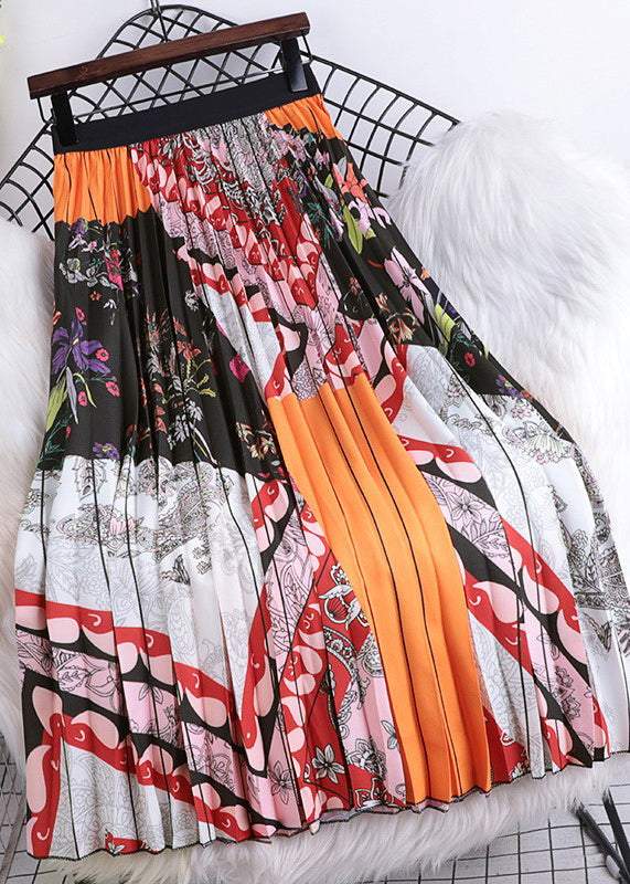 Pink Striped Print Chiffon Pleated Skirts Spring