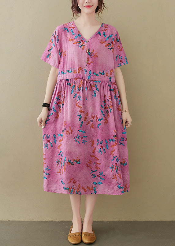 Pink V Neck Button Party Maxi Dress Short Sleeve