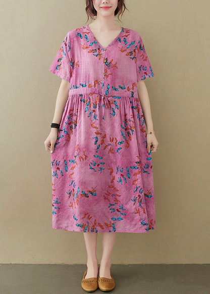 Pink V Neck Button Party Maxi Dress Short Sleeve