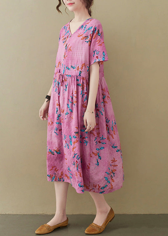 Pink V Neck Button Party Maxi Dress Short Sleeve