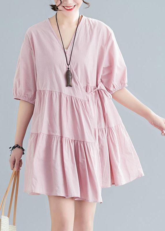Pink V Neck Cinched Ankle Summer Cotton Dress