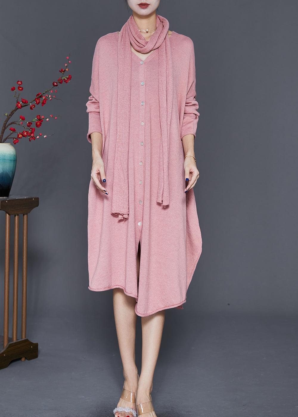 Pink V Neck Complimentary Scarf Knit Dress Fall